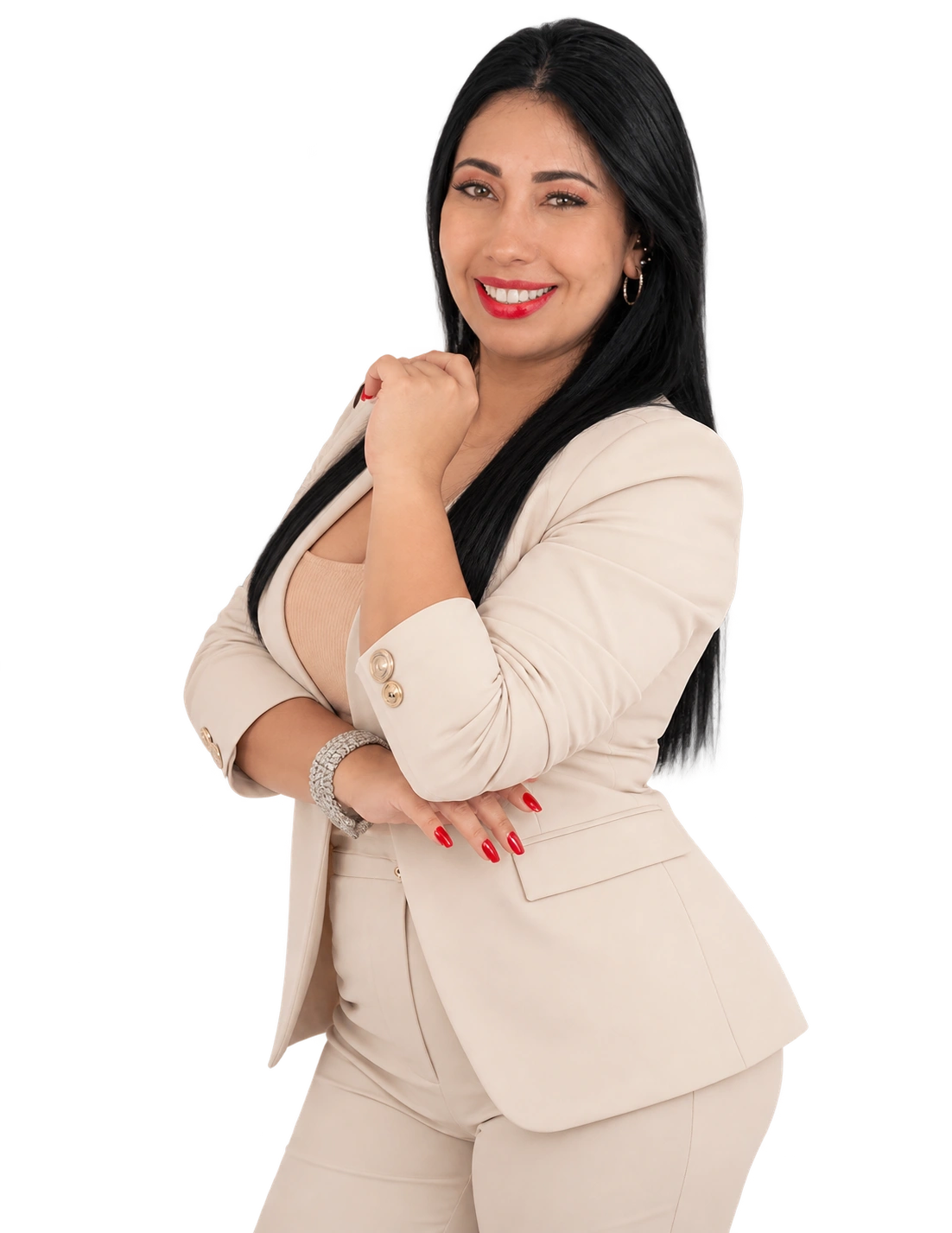 Dra. Larissa Thainá, psicóloga em Brasília, sorrindo, de terno claro