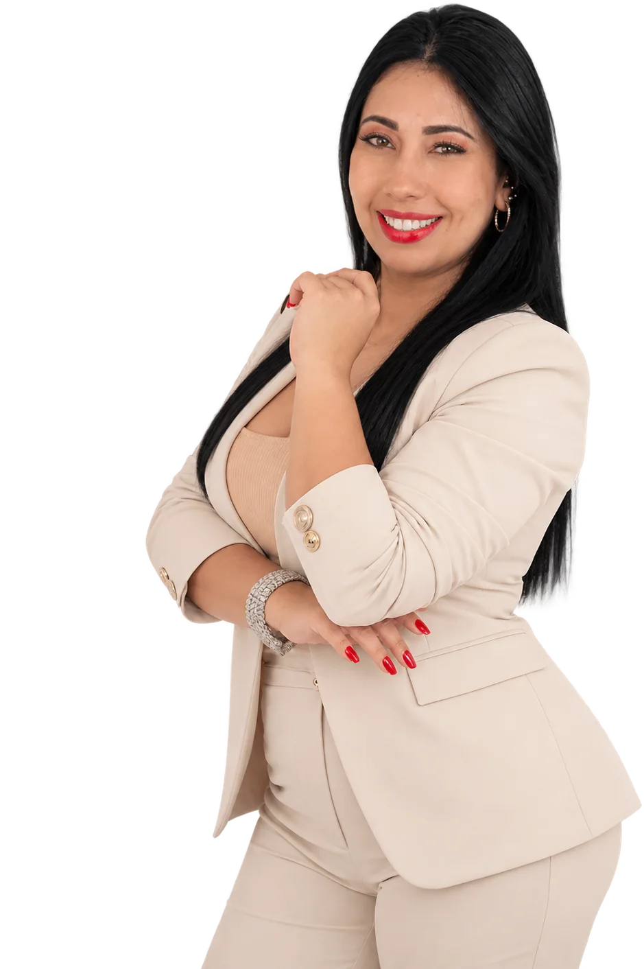 Dra. Larissa Thainá, psicóloga em Brasília, sorrindo, de terno claro